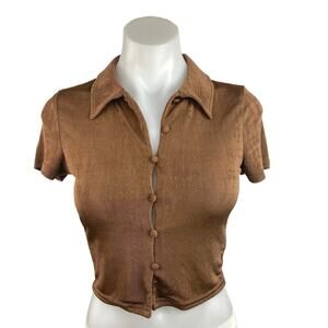 H&M Brown Collared Knit Short Sleeve Button Up Shirt Crop Polo Blouse Top Size S